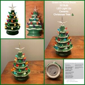 NWT 9” Green & White Snow- LED Light Up Ceramic Tree 🎄 Decoration w/ 30 Bulbs